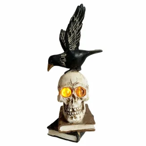 Flying Black Raven With Glowing Lighted Skull On Book - 13" Tall>Roger's Gardens Best